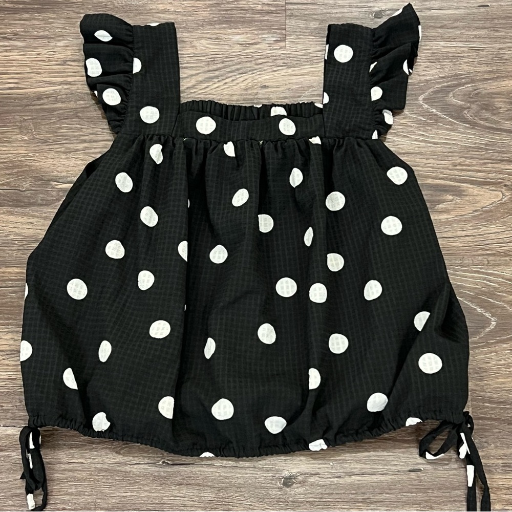 Scoop Women's Flutter Sleeve Black White Polka Dot Top with Tie Hem Size Large